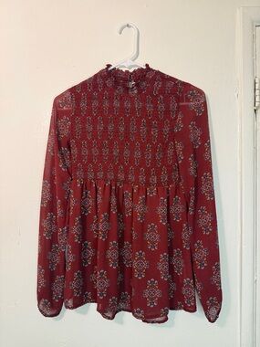 Xhilaration Boho Smocked Mock Neck Medallion Blouse Size Small